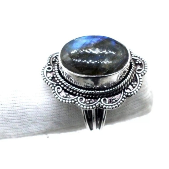 Handmade Jewelry - Blue Fire Labradorite Gemstone 925 Sterling Silver Stamped Handmade Ring